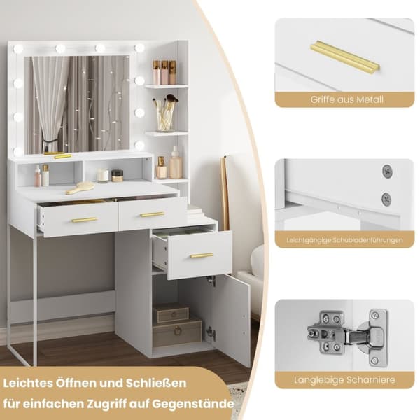 Rootz Sminkbord med LED-spegel - Sminkbord - Justerbar ljusstyrka, rymlig förvaring, hållbar konstruktion - 90 cm x 143 cm x 39,5 cm