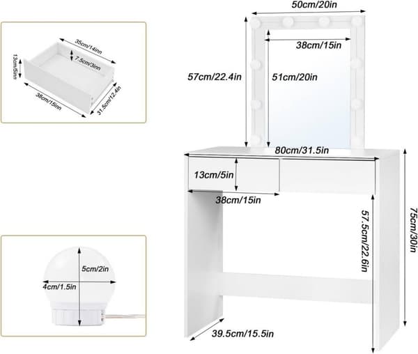 Rootz Justerbart LED-ljus Sminkbord - Sminkbord - Makeup Station - Ljusstyrka - Gott om förvaring - Hållbar konstruktion - 80 cm x 132,5 cm x 39,5 cm