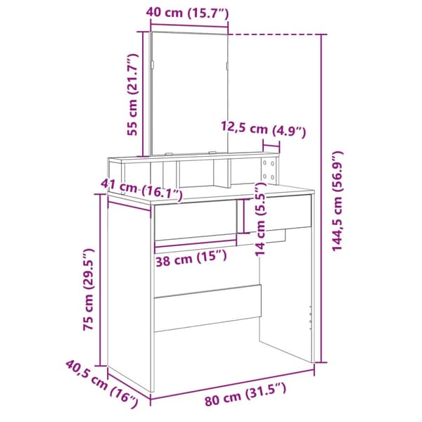vidaXL makeupbord med spejl 80x41x144,5 cm betongrå