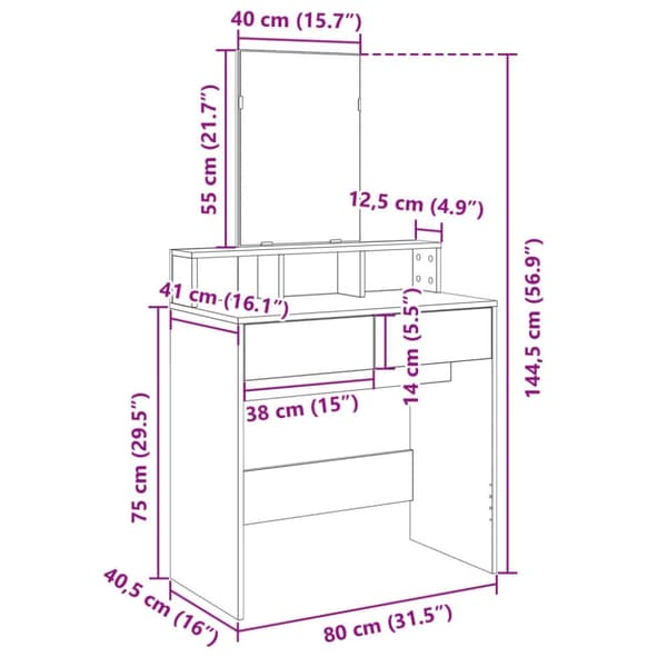 vidaXL makeupbord med spejl 80x41x144,5 cm grå sonoma-eg