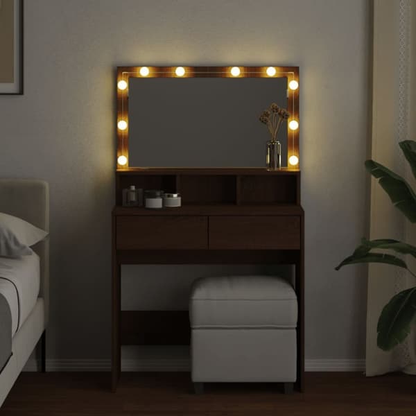 vidaXL makeupbord med LED-lys 80x41x134,5 cm brun egetræsfarve