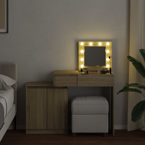 vidaXL makeupbord med LED-lys 115x37x110,5 cm brun sonoma-eg