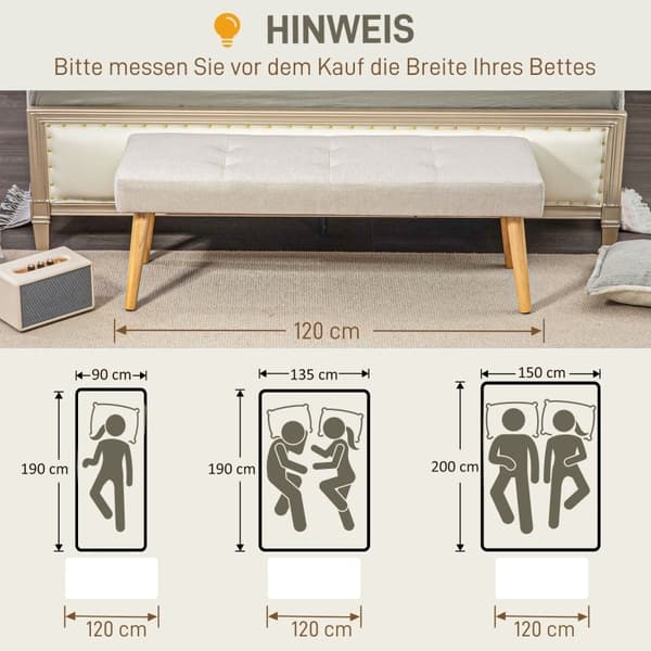 Rootz stoppad bänk - Sovrumsbänk - Fönstersäte - Tjock stoppning - Imitation av linne - Ben i naturträ - 120cm x 41cm x 43cm