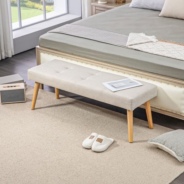 Rootz stoppad bänk - Sovrumsbänk - Fönstersäte - Tjock stoppning - Imitation av linne - Ben i naturträ - 120cm x 41cm x 43cm