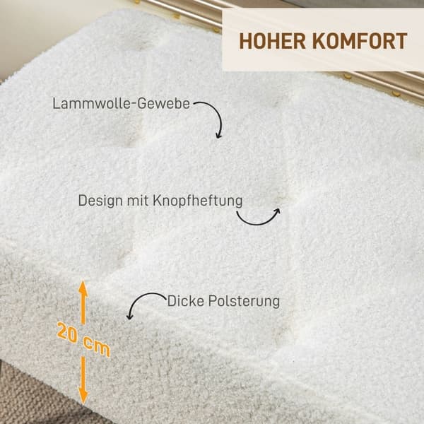 Rootz Sängbänk med Faux Lammullsöverdrag - Stoppad bänk - Sovrumsbänk - Tjock stoppning - Stålben - Krämfärgad - 112cm x 41cm x 46cm