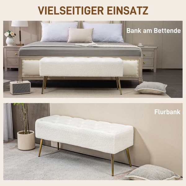 Rootz Sängbänk med Faux Lammullsöverdrag - Stoppad bänk - Sovrumsbänk - Tjock stoppning - Stålben - Krämfärgad - 112cm x 41cm x 46cm
