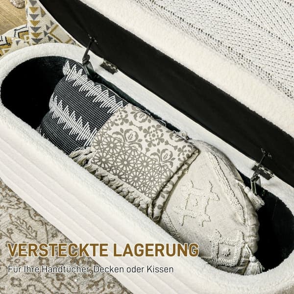 Rootz pehmustettu sänkypenkki - säilytysarkkupenkki - ikkunalaudoituspenkki - Teddy fleece -päällinen - eukalyptuspuu - 116 cm x 41 cm x 40,5 cm
