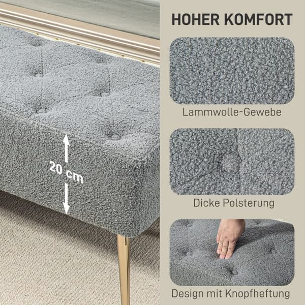 Rootz Modern Sängbänk - Fönstersäte - Matsalsbänk - Faux lammull - Tjock stoppning - 112cm x 41cm x 46cm