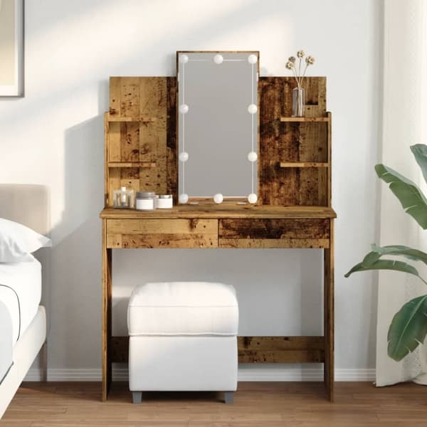 vidaXL Peilipöytä LED-valoilla vanha puu 96x40x142 cm