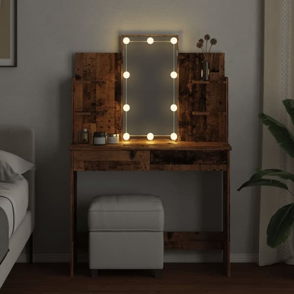 vidaXL Sminkebord med LED gammelt tre 96x40x142 cm