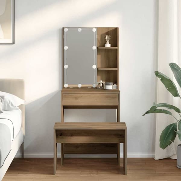 vidaXL Sminkbordsset med LED Artisan ek konstruerat trä