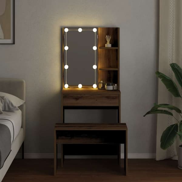 vidaXL Sminkbordsset med LED Artisan ek konstruerat trä