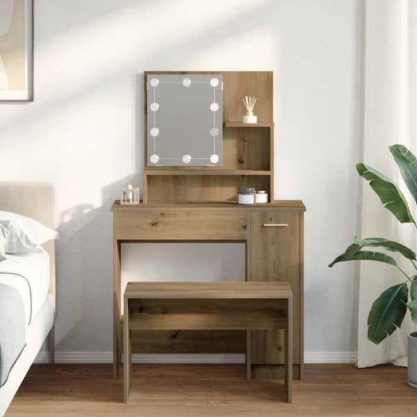 vidaXL Sminkebordsett med LED artisan eik konstruert tre