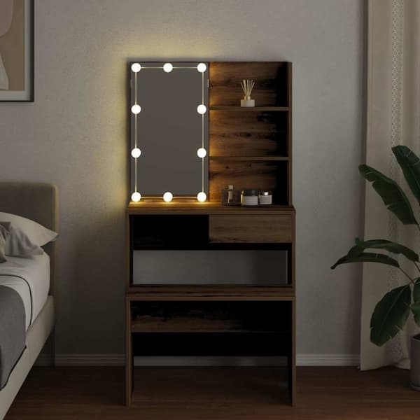 vidaXL Sminkebordsett med LED artisan eik konstruert tre