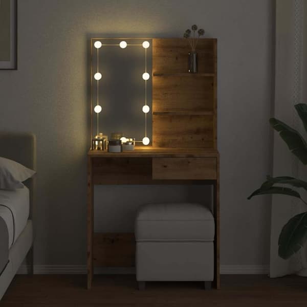 vidaXL makeupbord med LED-lys 74,5x40x141 cm kunsteg