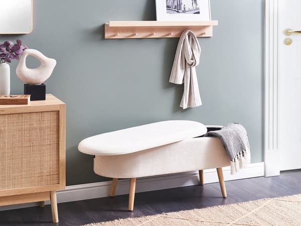 Oppbevaringsbenk for Soverom Off-White Polstret Treben Sete i Gangen med Oppbevaring