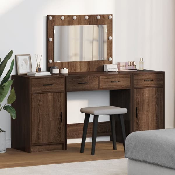 vidaXL Sæt af 3 Brun egetræ MDF Mellem Opbevaring Makeupbord