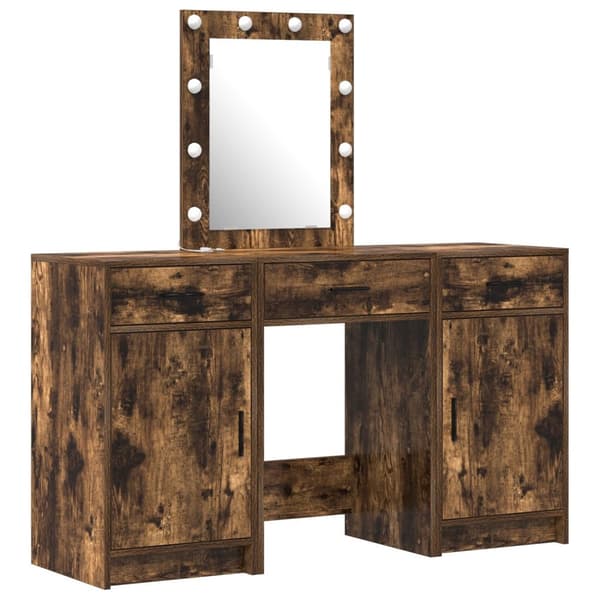 vidaXL Sæt på 3 Røget egetræ MDF, glas Stor Opbevaring Makeupbord