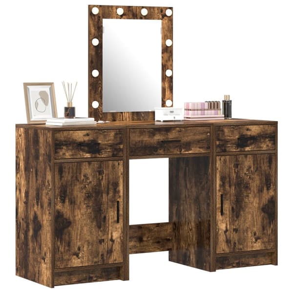 vidaXL Sæt på 3 Røget egetræ MDF, glas Stor Opbevaring Makeupbord