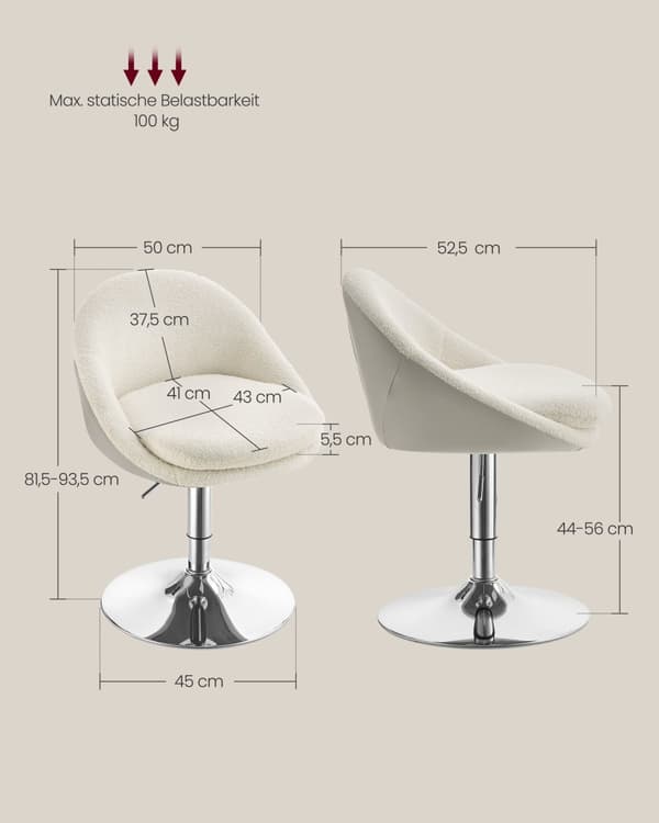 Stol, VASAGLE Justerbar, 52.5x50x81.5-93.5 cm, Kräm