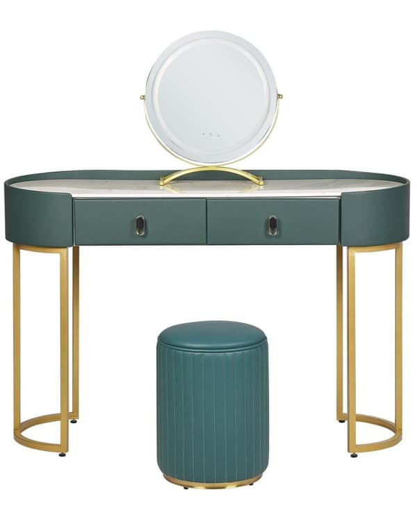 Toiletbord med 2 skuffer, spejl, LED og puf, grøn og guld, VINAX Lumarko!