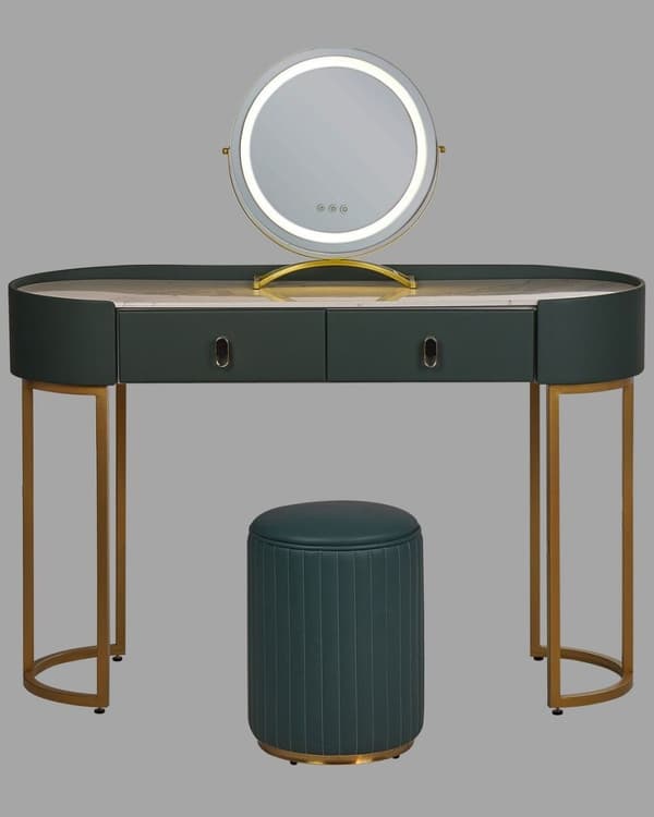 Toiletbord med 2 skuffer, spejl, LED og puf, grøn og guld, VINAX Lumarko!
