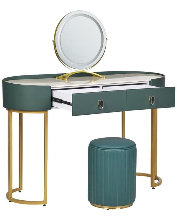 Toiletbord med 2 skuffer, spejl, LED og puf, grøn og guld, VINAX Lumarko!