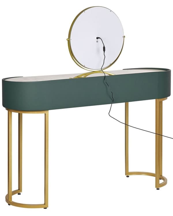 Toiletbord med 2 skuffer, spejl, LED og puf, grøn og guld, VINAX Lumarko!