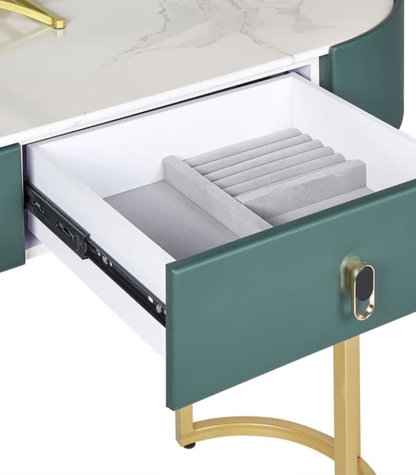 Toiletbord med 2 skuffer, spejl, LED og puf, grøn og guld, VINAX Lumarko!