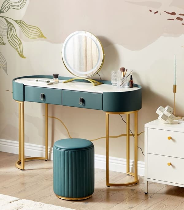 Toiletbord med 2 skuffer, spejl, LED og puf, grøn og guld, VINAX Lumarko!