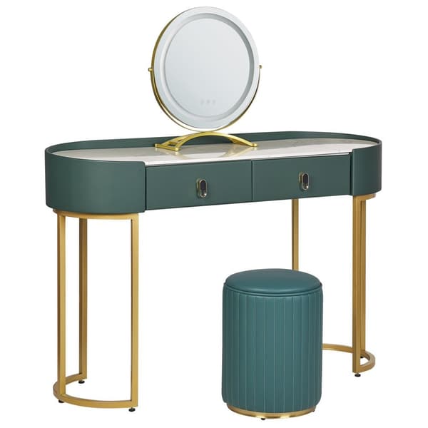 Toiletbord med 2 skuffer, spejl, LED og puf, grøn og guld, VINAX Lumarko!