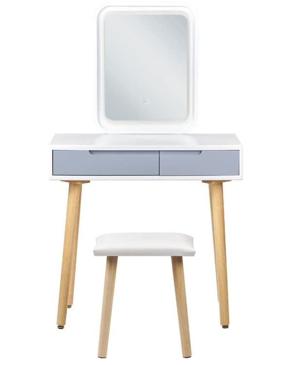 Toiletbord med 2 skuffer, spejl og LED-skammel, hvidgrå DIEPPE Lumarko!