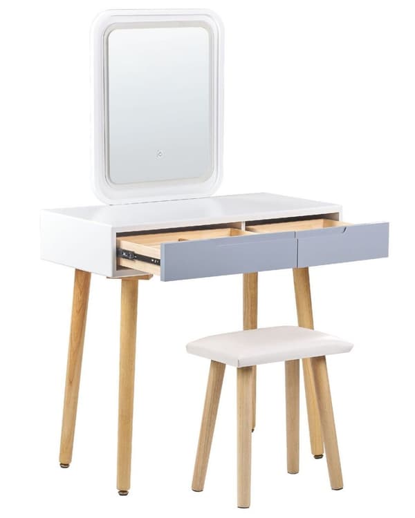 Toiletbord med 2 skuffer, spejl og LED-skammel, hvidgrå DIEPPE Lumarko!
