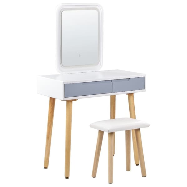 Toiletbord med 2 skuffer, spejl og LED-skammel, hvidgrå DIEPPE Lumarko!