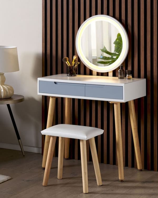 Toiletbord med spejl og skammel JOSSELIN LED Hvid Lumarko!