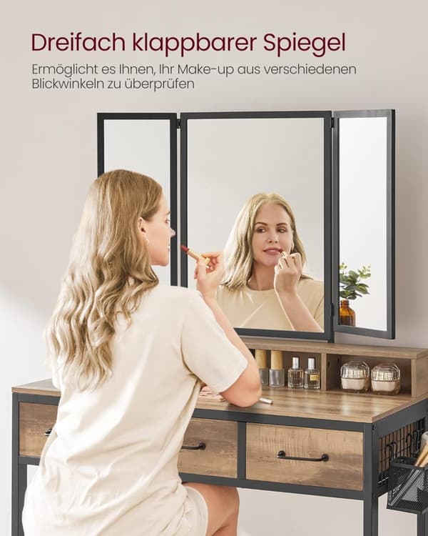 Toiletbord med polstret skammel, toiletbord med tredobbelt spejl, 3 skuffer, hårtørrerholder, kosmetikbord, style