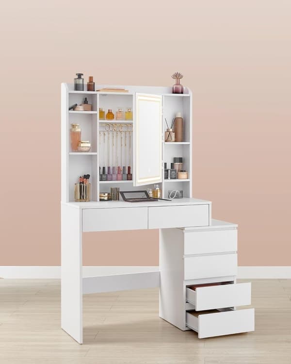 Toiletbord med LED-belysning, justerbar lysstyrke, toiletbord med spejl, toiletbord med skuffer, åbne rum, justerbare hylder