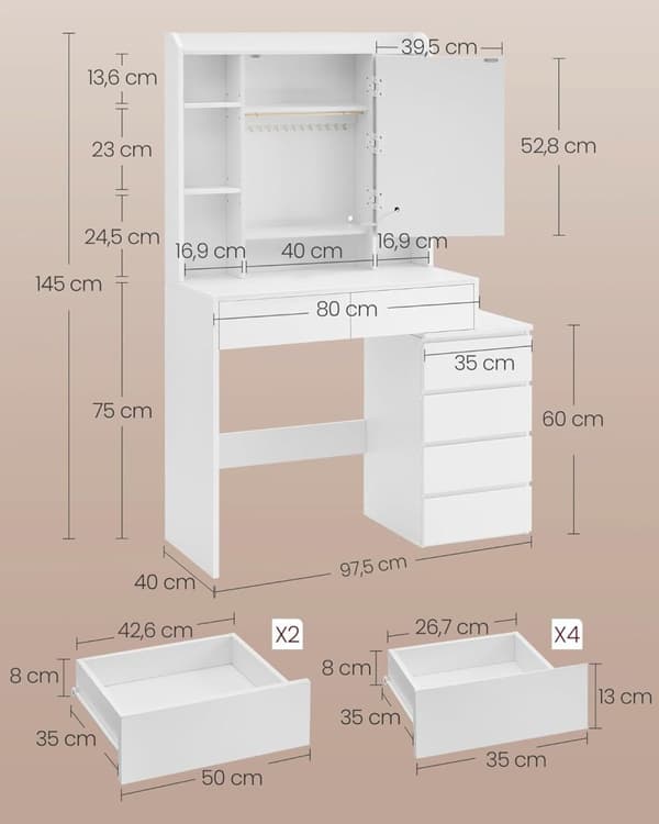 Toiletbord med LED-belysning, justerbar lysstyrke, toiletbord med spejl, toiletbord med skuffer, åbne rum, justerbare hylder