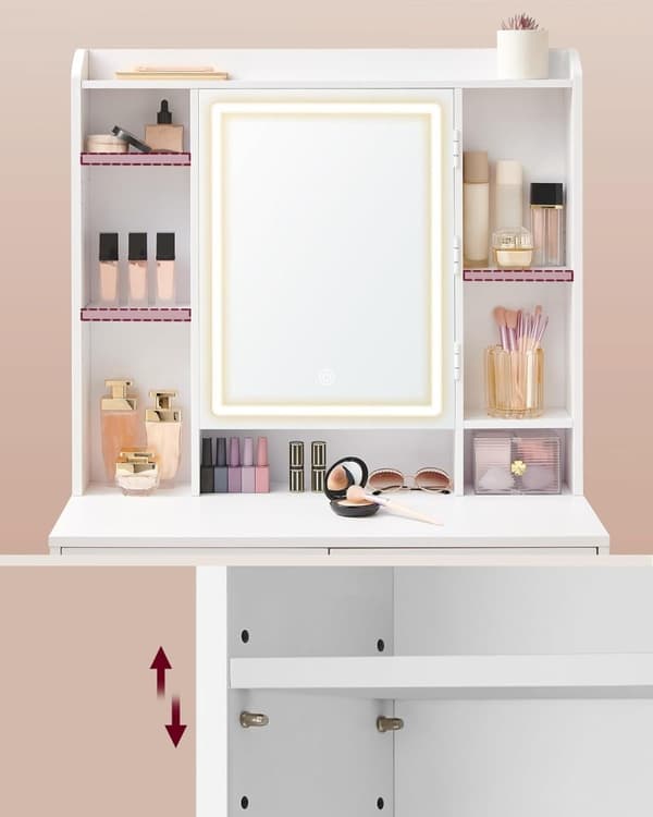 Toiletbord med LED-belysning, justerbar lysstyrke, toiletbord med spejl, toiletbord med skuffer, åbne rum, justerbare hylder