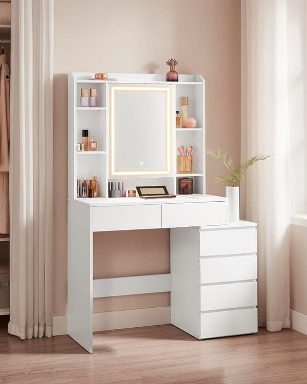 Toiletbord med LED-belysning, justerbar lysstyrke, toiletbord med spejl, toiletbord med skuffer, åbne rum, justerbare hylder