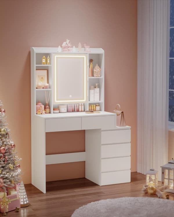 Toiletbord med LED-belysning, justerbar lysstyrke, toiletbord med spejl, toiletbord med skuffer, åbne rum, justerbare hylder