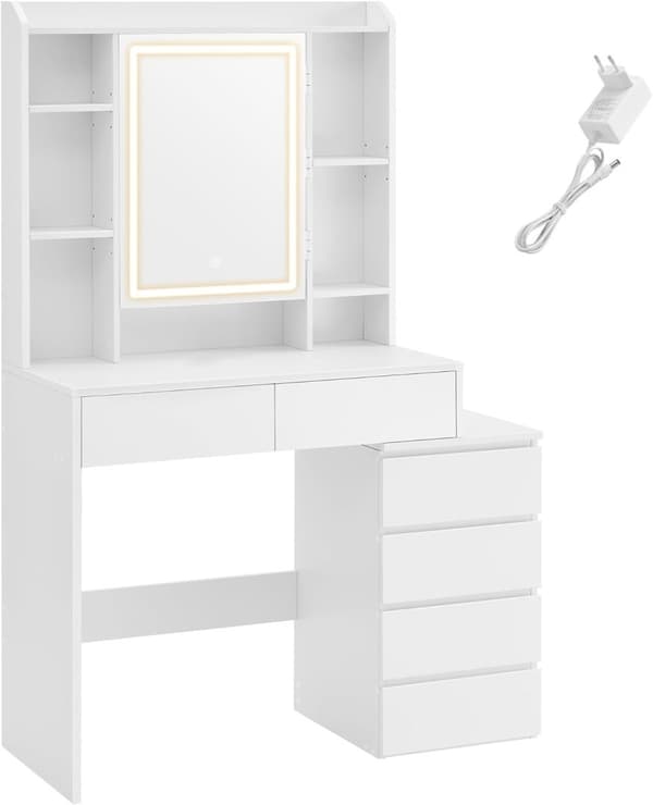 Toiletbord med LED-belysning, justerbar lysstyrke, toiletbord med spejl, toiletbord med skuffer, åbne rum, justerbare hylder
