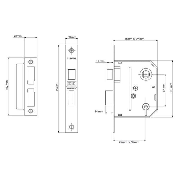 UNION ES-SL Essentials 3 Spak Insticksfäste Sashlock polerad mässing 65 mm 2,5" Visi