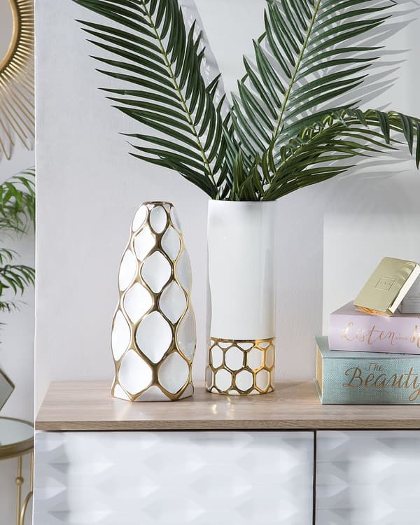 Blomvas Vit med Guld Stengods 36 cm Geometrisk