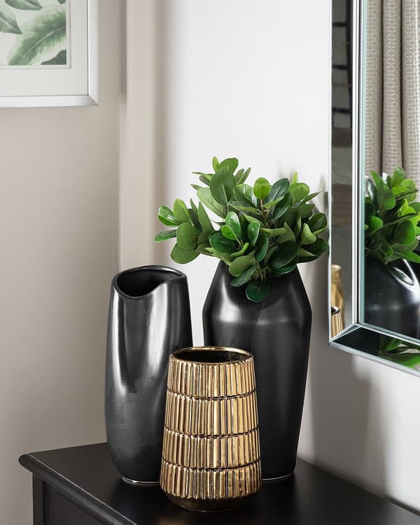 Vase Guld Stentøj ø 12 x 22 cm Dekorativ Smuk Blomstervase til Bordpynt Rillet Design Stue Soveværelse Tilbehør Pynteting til Vindueskarm