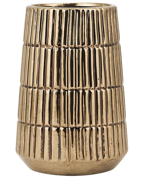 Vase Guld Stentøj ø 12 x 22 cm Dekorativ Smuk Blomstervase til Bordpynt Rillet Design Stue Soveværelse Tilbehør Pynteting til Vindueskarm
