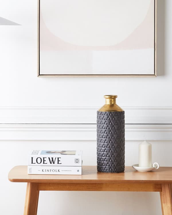 Vase i Sort med Guld Stentøj 39 cm Høj Flaskeformet til Blomster Flot Farverig Design Mønster til Stue og Soveværelse Indretning Retro
