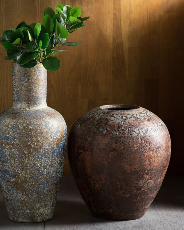 Dekorativ vase kobber turkis 33 cm terracotta håndlavet rund bred hals rustik