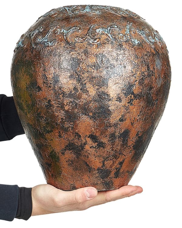 Dekorativ vase kobber turkis 33 cm terracotta håndlavet rund bred hals rustik
