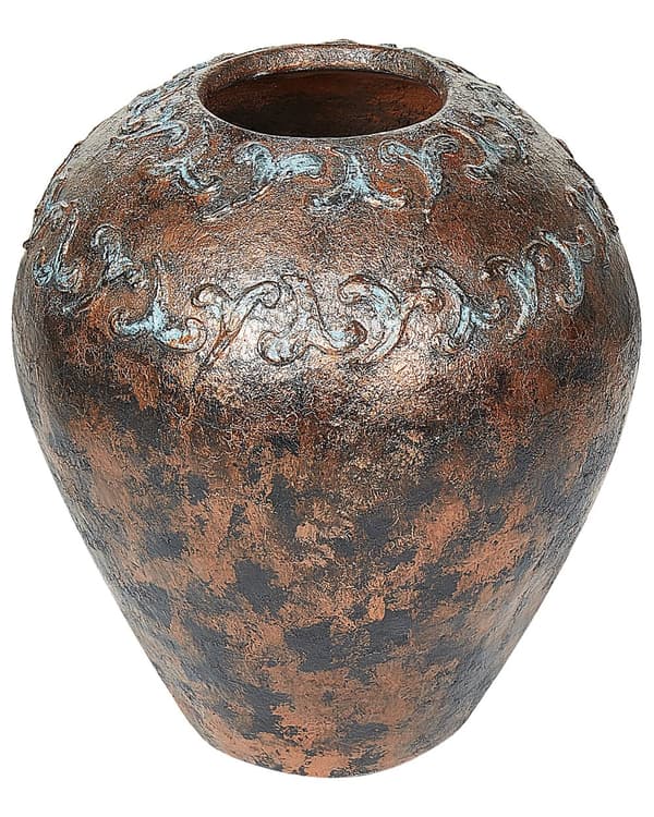 Dekorativ vase kobber turkis 33 cm terracotta håndlavet rund bred hals rustik